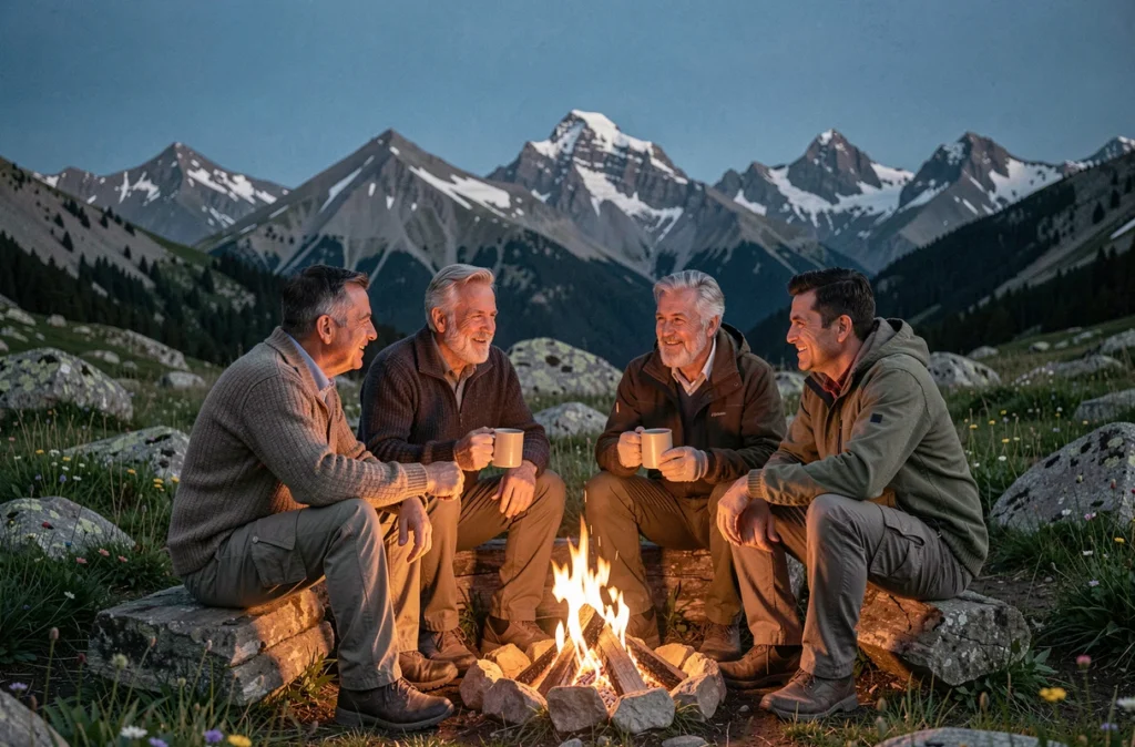 Groupe d'adultes autour d'un feu de camp en montagne lors d'une retraite de ressourcement en pleine nature au crépuscule