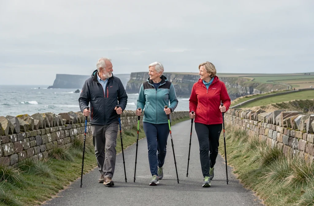 Groupe de seniors pratiquant la marche nordique ensemble sur un sentier côtier