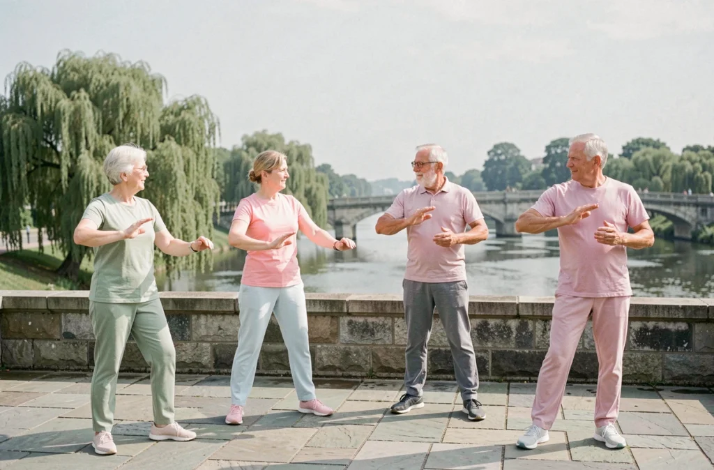 Groupe de seniors pratiquant le tai-chi ensemble sur une terrasse en pierre au bord d'une rivière, gestes synchronisés et ambiance apaisante