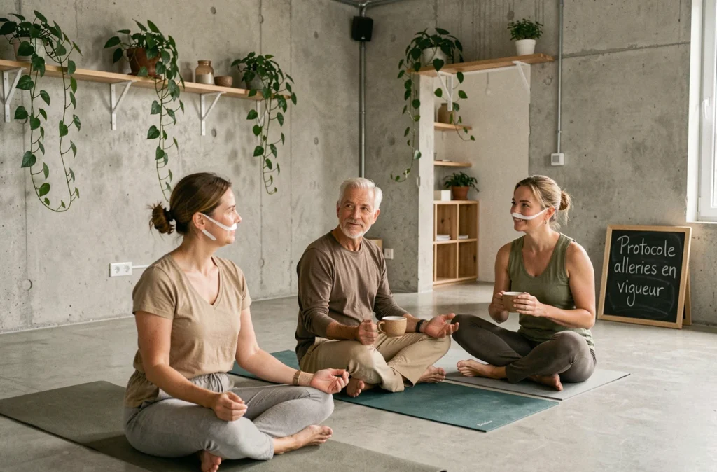 Groupe de pratiquants de yoga respectant les nouveaux protocoles anti-allergènes dans un studio aéré