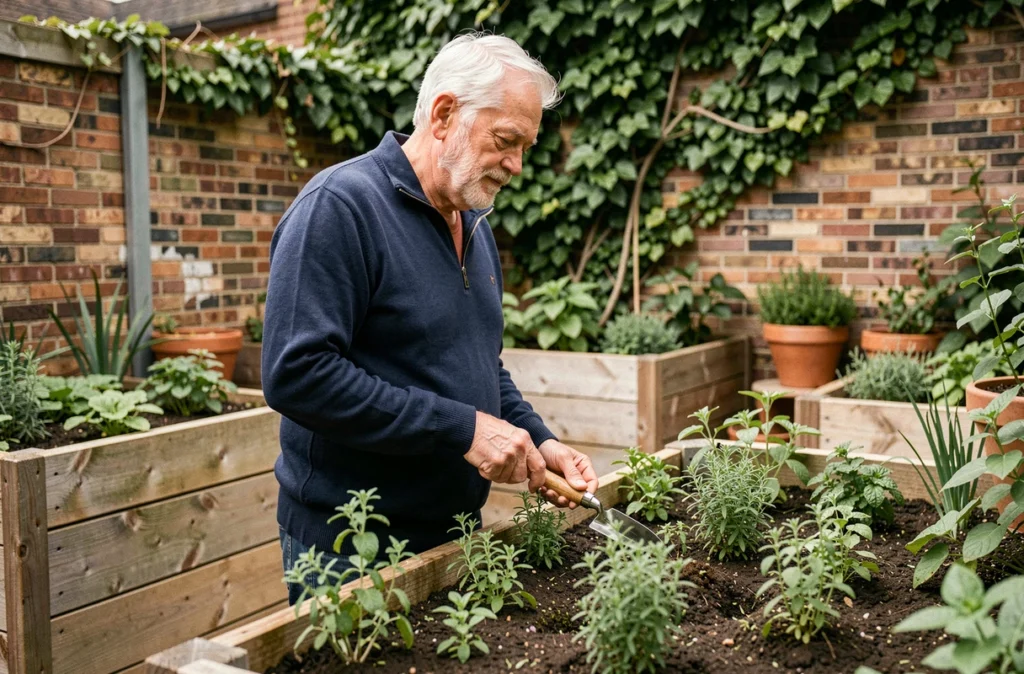 Homme âgé jardiant dans un potager urbain, activité bénéfique pour entretenir la mémoire avec l'âge