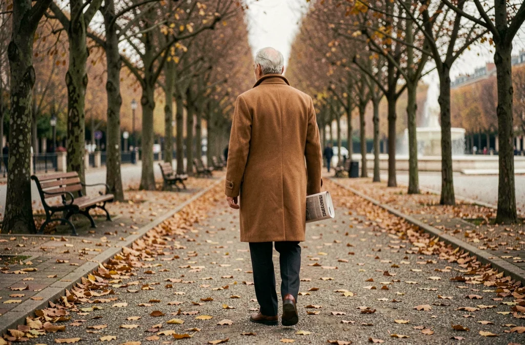 Silhouette d'un homme âgé marchant seul sur une allée parisienne en automne, atmosphère de recueillement et de mélancolie douce