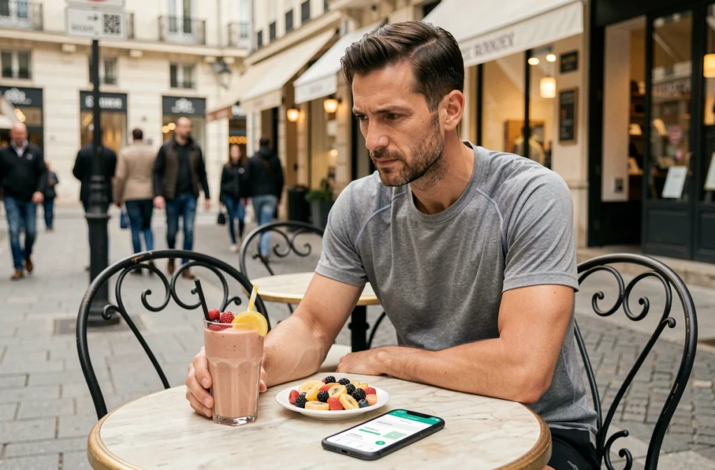 Homme consultant une application nutritionnelle pour surveiller les sucres cachés dans un smoothie et des fruits secs en terrasse de café