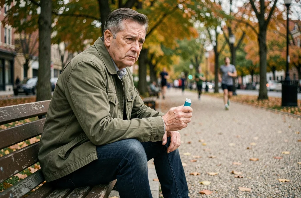 Homme d'âge mûr au repos sur un banc de parc tenant un inhalateur, asthme et vie quotidienne en extérieur