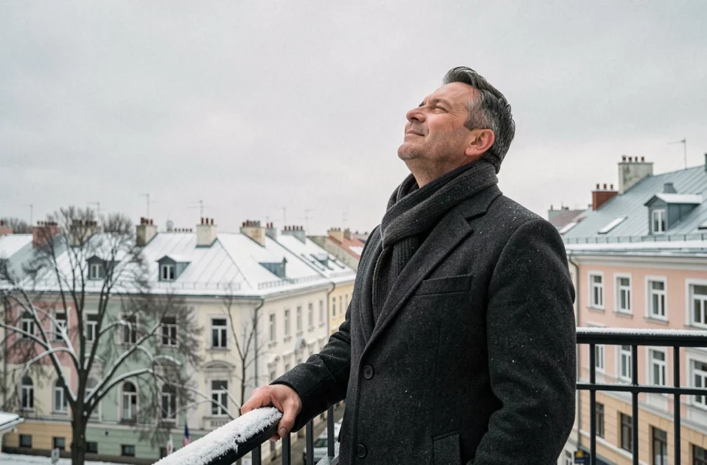 Homme en manteau de laine sur un balcon enneigé exposé à la lumière solaire hivernale pour prévenir le blues saisonnier