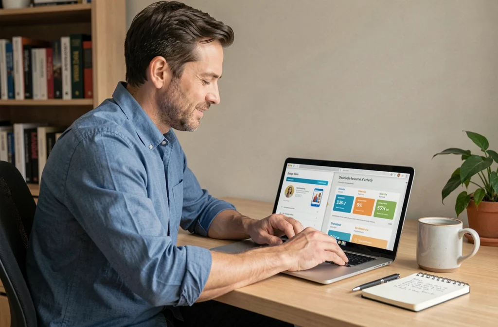 Homme comparant les prix des abonnements d'une application diabète sur son ordinateur portable