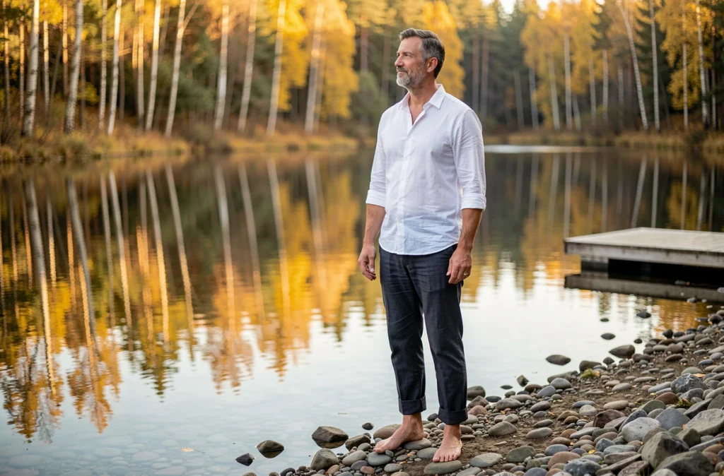 Homme en contemplation au bord d'un lac de forêt en automne lors d'une retraite de ressourcement spirituel en nature