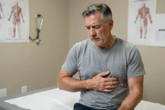 Homme d'âge moyen tenant sa cage thoracique lors d'une consultation médicale pour côte fêlée