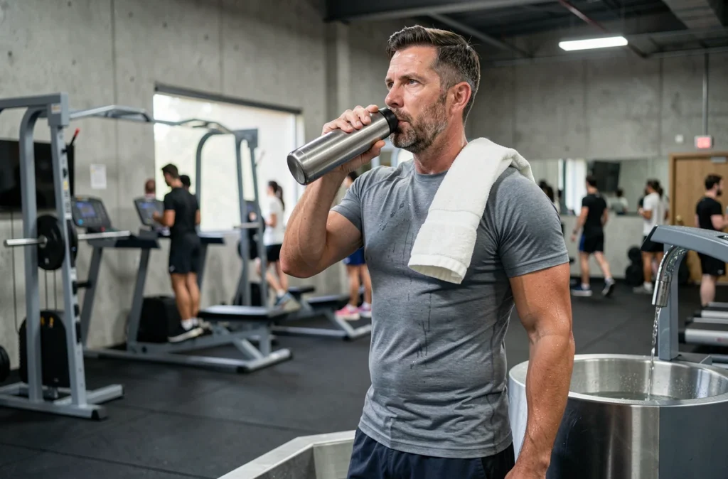 Homme buvant à une gourde dans une salle de sport, représentant l'hydratation comme facteur de contrôle de l'appétit pendant l'effort
