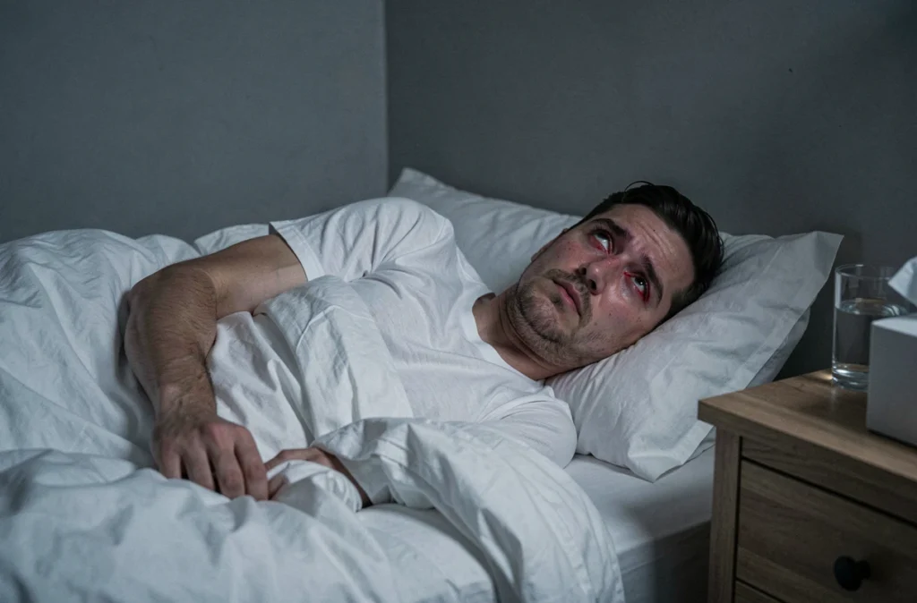 Homme allongé dans son lit la nuit, les yeux ouverts et irrités, illustrant les troubles du sommeil causés par les allergies saisonnières