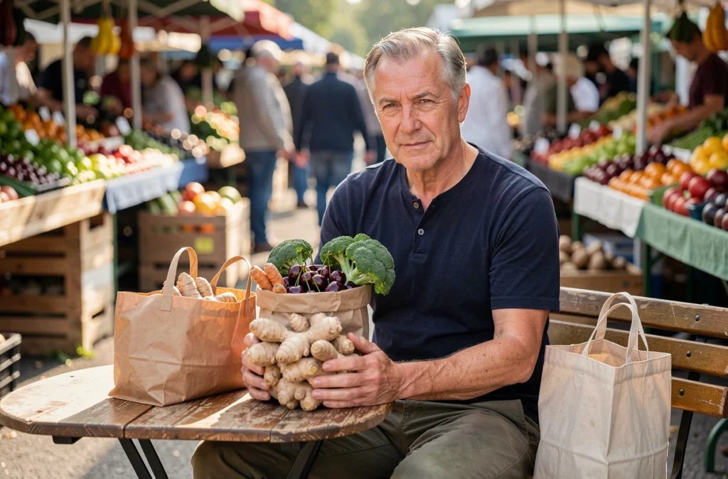 Homme d'une cinquantaine d'années au marché fermier tenant des aliments anti-inflammatoires comme le gingembre, le curcuma et les cerises fraîches