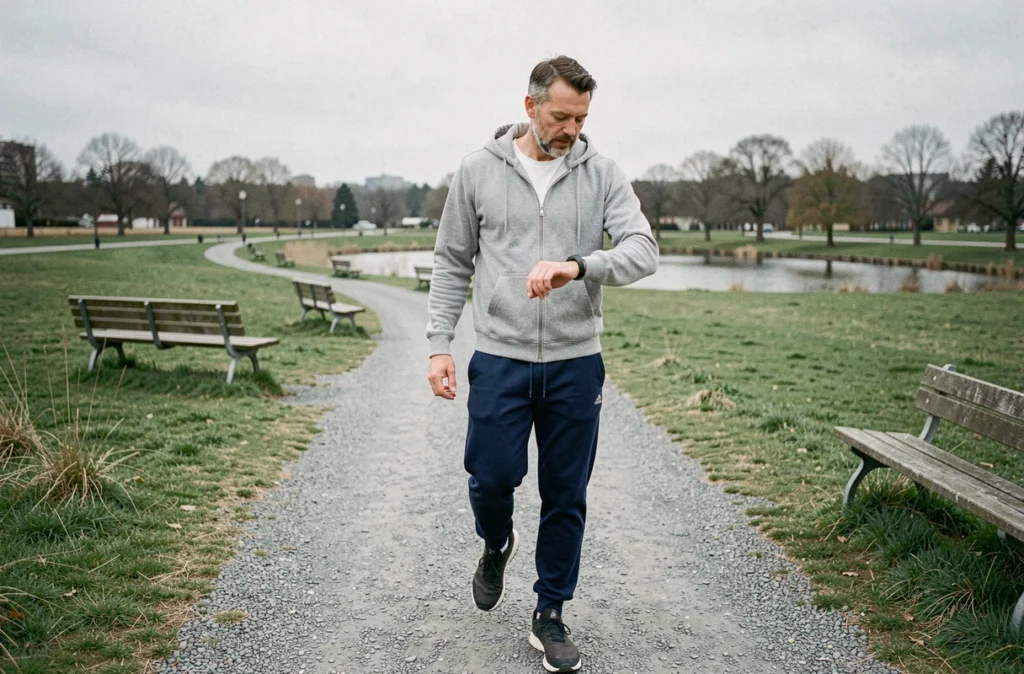 Homme consultant son tracker de fitness pendant une marche quotidienne dans un parc urbain