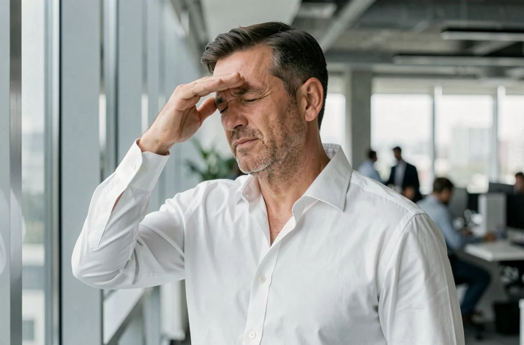 Homme en crise de migraine ophtalmique au bureau, se protégeant les yeux avec la main, montrant les perturbations visuelles et la gêne causées par la migraine