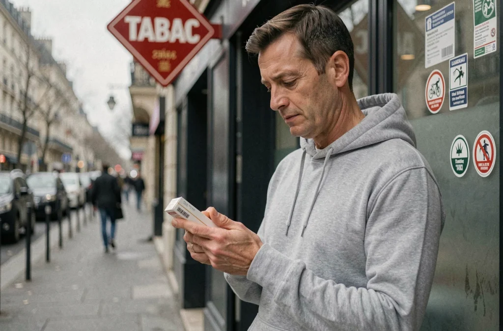 Homme tenant un paquet de cigarettes standardisé devant un bureau de tabac parisien, évoquant la législation française sur la vente de tabac en 2026