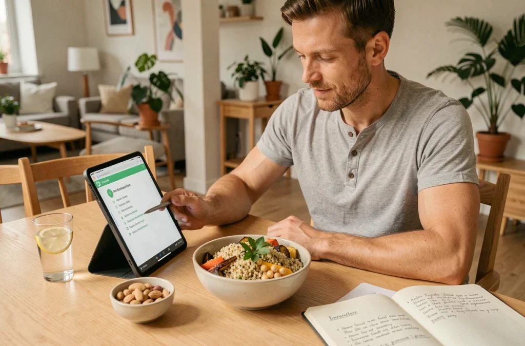 Homme consultant un plan alimentaire anti-inflammatoire personnalisé sur tablette avec un repas équilibré