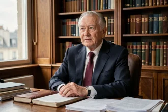 Portrait d'un homme politique senior assis à son bureau parisien, air pensif et digne, entouré de livres et de documents officiels
