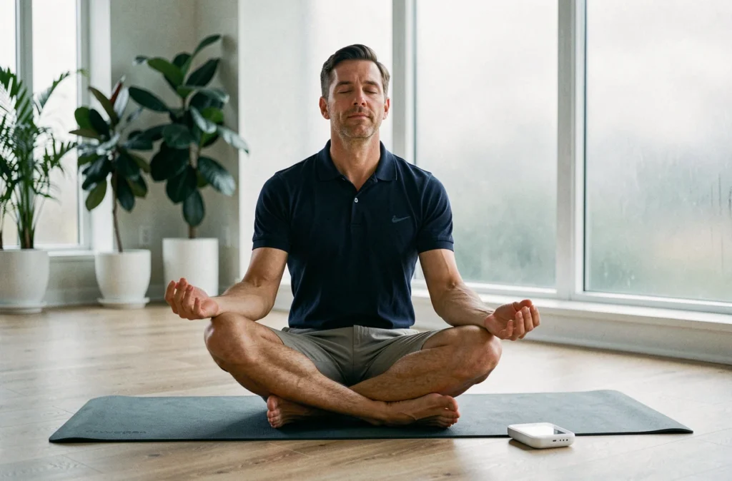 Un homme pratique la cohérence cardiaque avec un dispositif de biofeedback dans un centre de bien-être