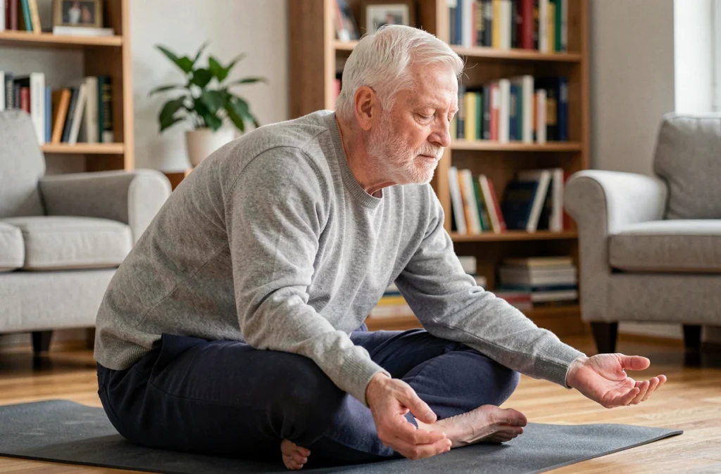 Homme retraité en méditation sur un tapis de yoga dans son salon pour réduire le stress quotidien