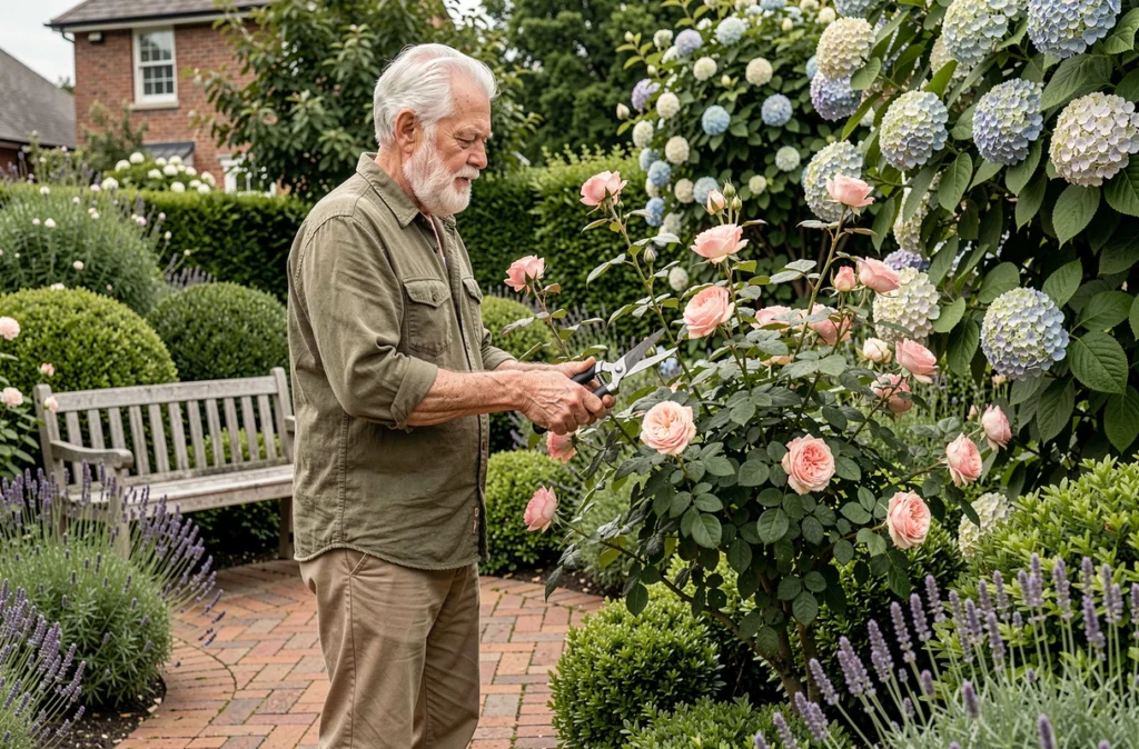Homme retraité de 72 ans en train de tailler des rosiers dans un jardin de banlieue, attitude détendue et concentrée