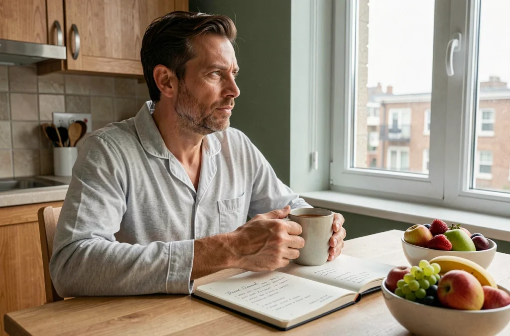 Homme en pyjama consultant un journal de sommeil et d'alimentation le matin, dans une cuisine naturelle