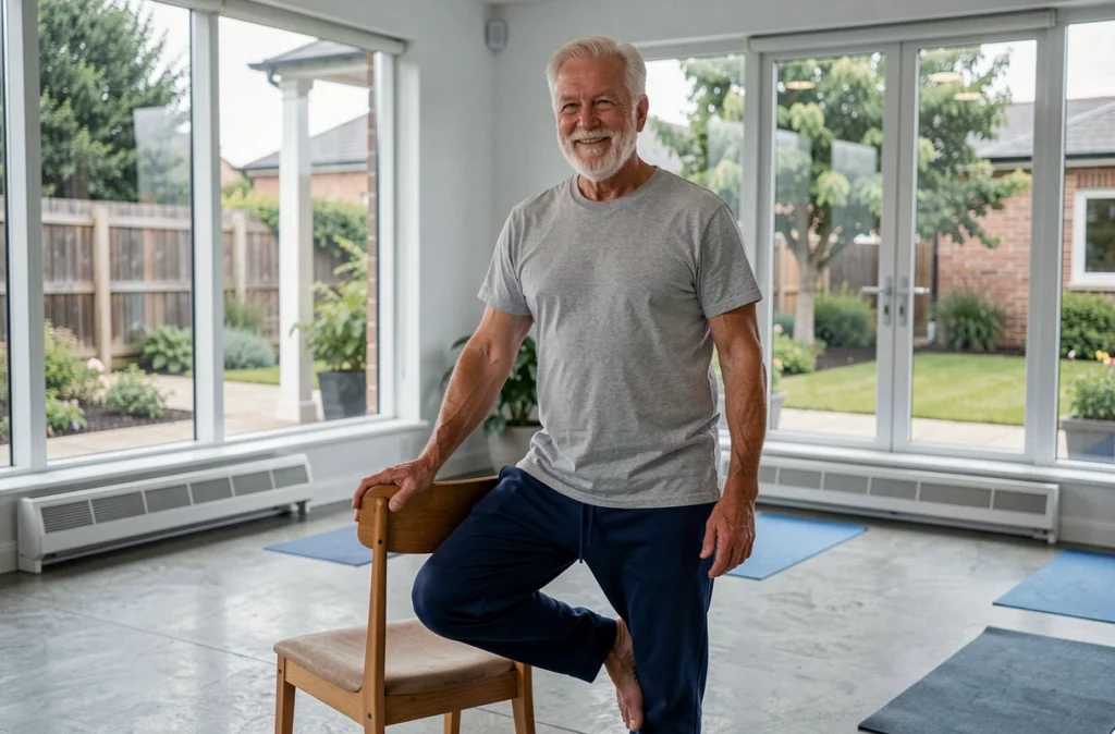 Homme senior en équilibre sur un pied en posture de yoga avec soutien d'une chaise dans une salle communautaire