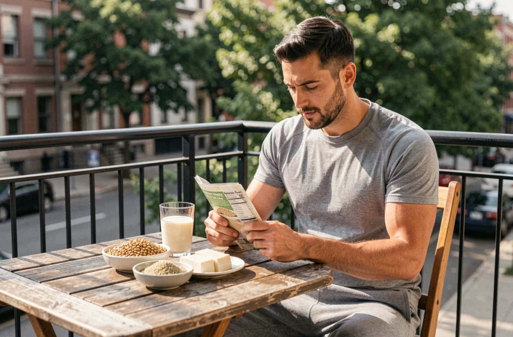 Homme lisant une étiquette de tempeh entouré d'aliments riches en protéines végétales sur un balcon urbain