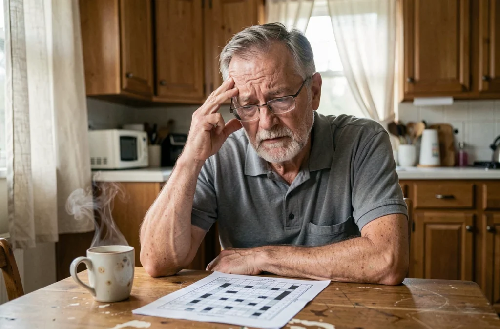 Homme âgé en difficulté de concentration à sa table de cuisine, illustrant les troubles cognitifs liés aux taches blanches dans le cerveau