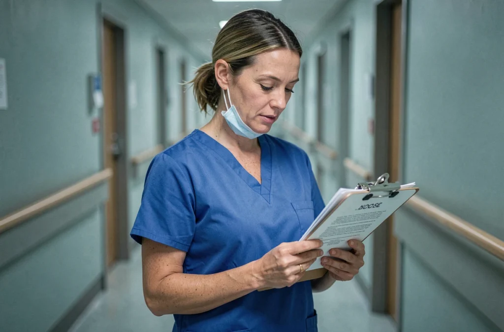 Infirmière en blouse médicale consultant un document dans un couloir d'hôpital, contexte suivi contagion Covid