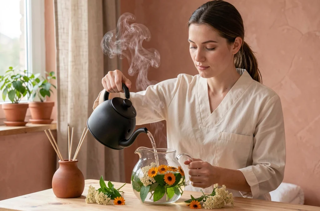 Thérapeute préparant une infusion de plantes médicinales locales dans une salle de soin zen aux tons naturels et apaisants