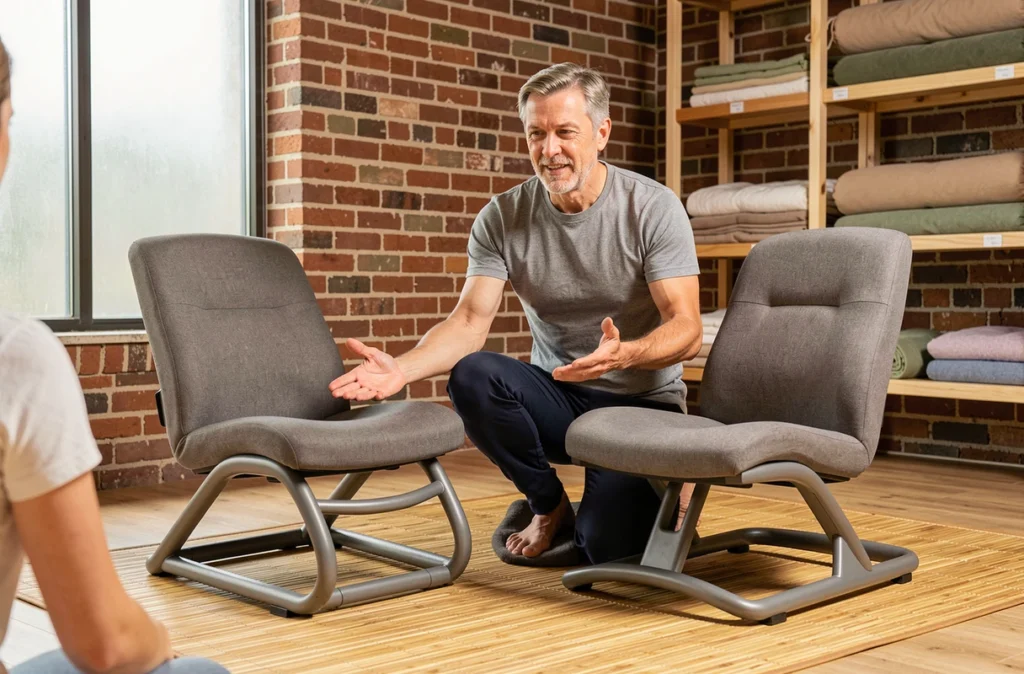 Instructeur de yoga présentant l'ergonomie de chaises de méditation à des élèves dans un centre de bien-être