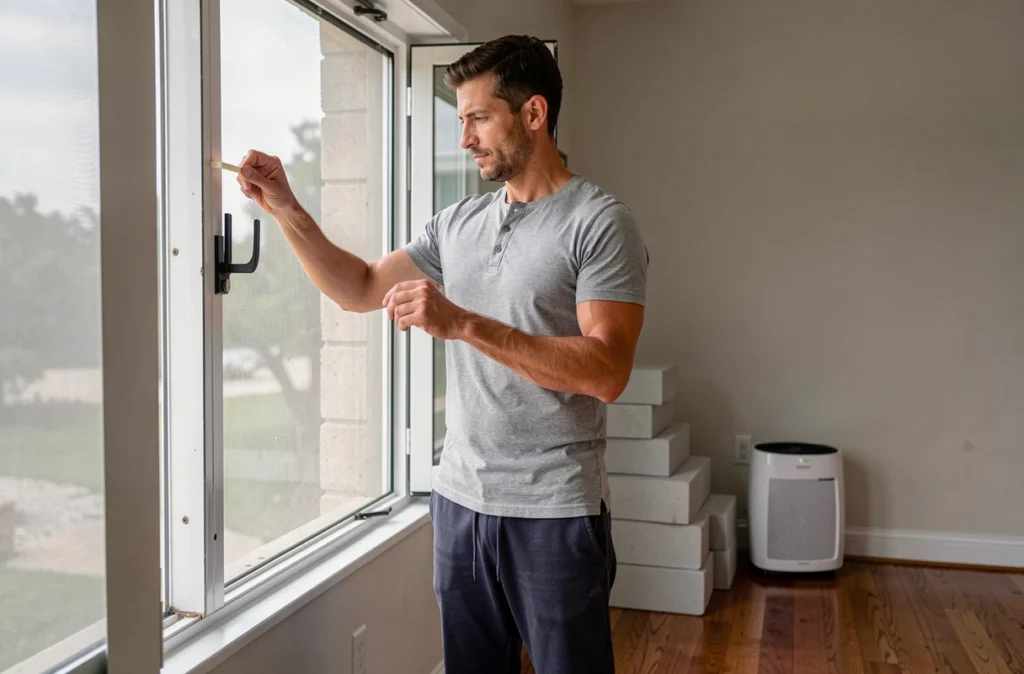 Instructeur de yoga installant un filtre anti-pollen dans un studio pour réduire les allergènes
