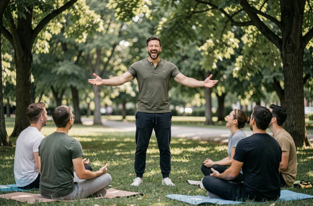 Instructeur de yoga du rire animant une séance en plein air dans un parc urbain avec un groupe de participants sur des tapis