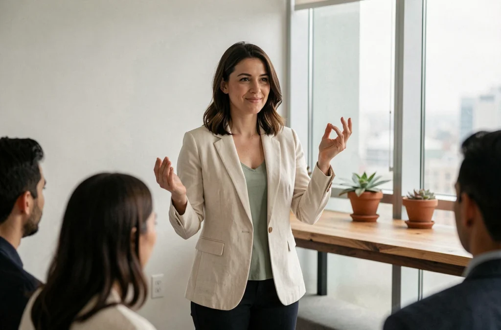 Instructrice de méditation guidant une session dans une salle de réunion d'entreprise aménagée