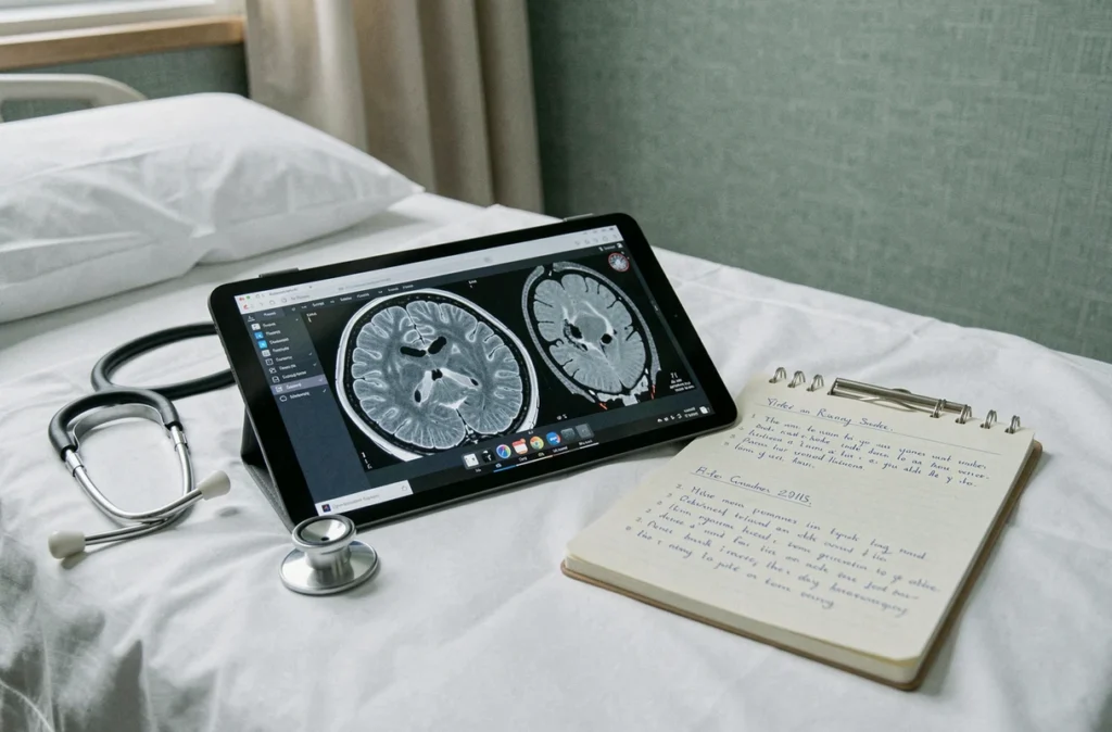IRM cérébrale affichée sur une tablette numérique posée sur un lit d'hôpital avec des annotations médicales, illustrant le diagnostic des taches blanches