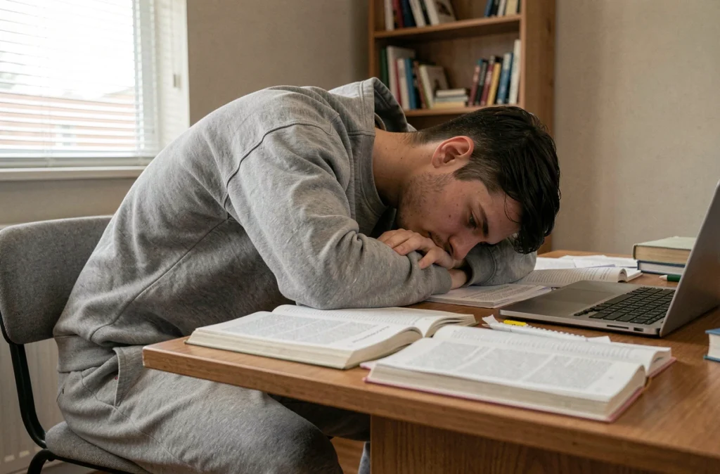 Jeune homme épuisé affalé sur son bureau d'étudiant entouré de livres, illustrant la fatigue intense de la mononucléose
