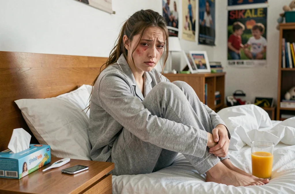 Jeune femme malade assise dans son lit avec thermomètre et mouchoirs, fatigue et fièvre associées à la mononucléose
