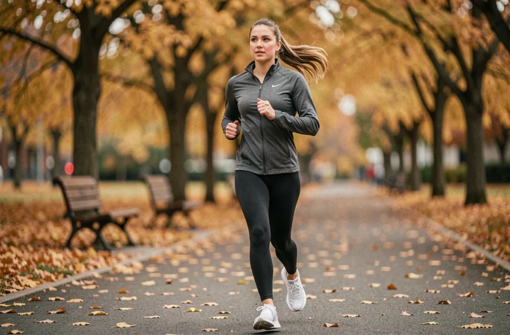 Femme faisant du jogging dans un parc en automne pour réduire le stress et perdre du poids naturellement