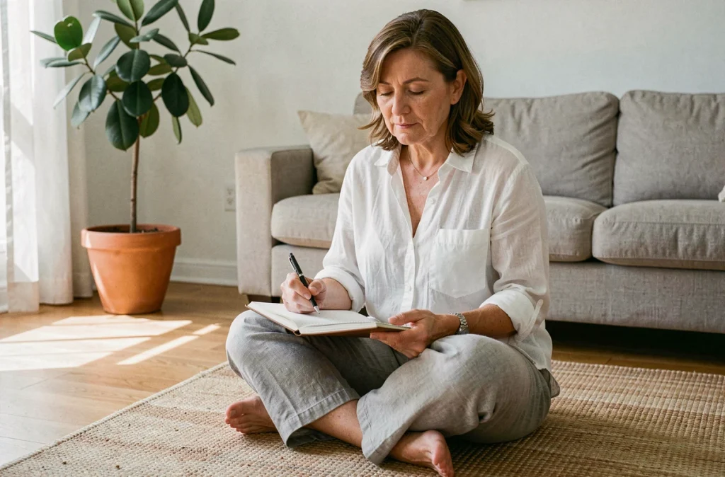 Femme pratiquant l'écriture réflexive pour un changement durable face aux causes émotionnelles du diverticule intestinal