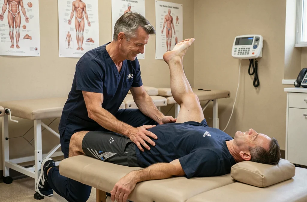 Kinésithérapeute guidant un patient dans un exercice de rééducation du talon gauche en cabinet