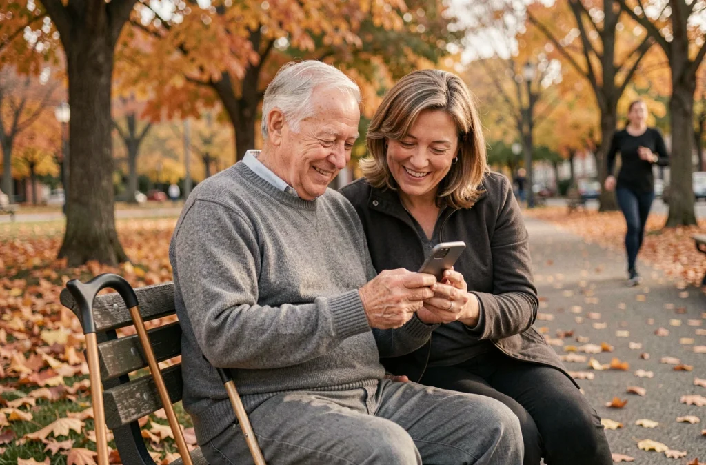 Un homme âgé et sa fille regardant ensemble un smartphone dans un parc en automne, illustrant le lien intergénérationnel comme levier contre l'isolement des seniors