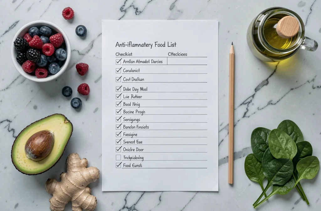 Liste imprimable d'aliments anti-inflammatoires entourée d'ingrédients frais sur une surface en marbre blanc