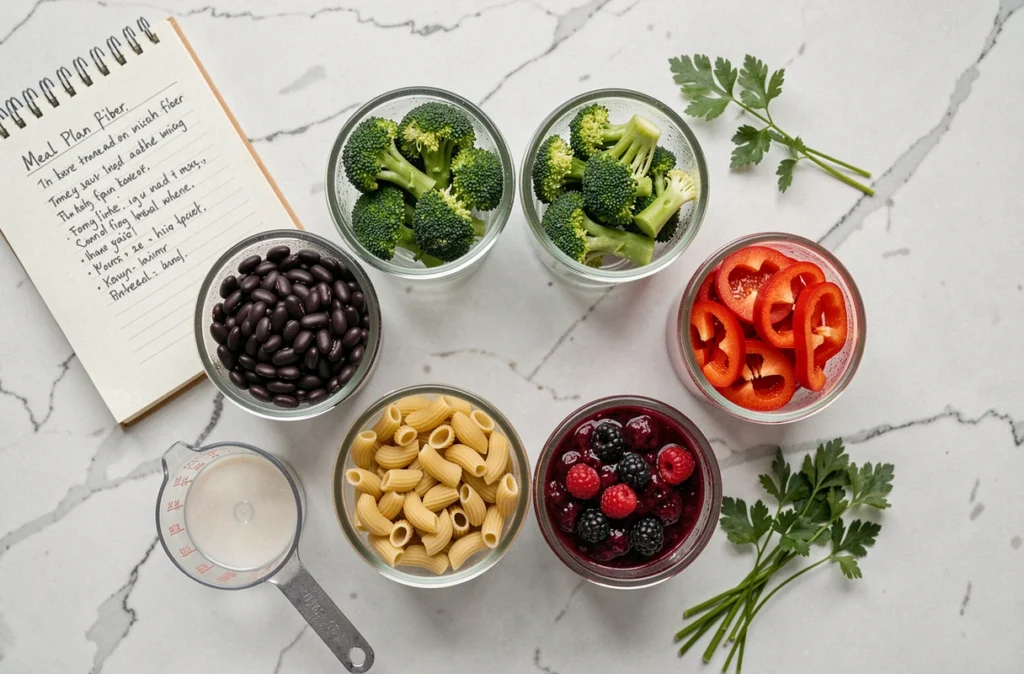 Préparation de repas hebdomadaire avec des aliments riches en fibres dans des contenants en verre sur un plan de travail en marbre