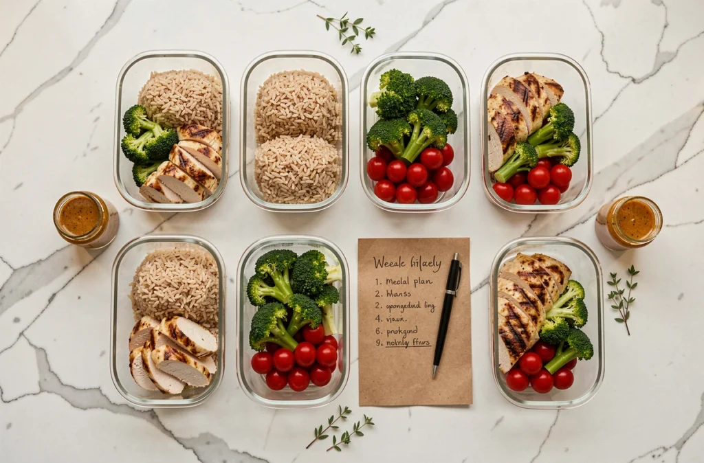 Vue du dessus de repas équilibrés préparés pour toute la semaine disposés sur un comptoir en marbre blanc
