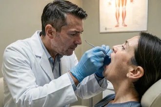 Médecin examinant la bouche d'un patient lors d'une consultation clinique pour détecter des anomalies buccales