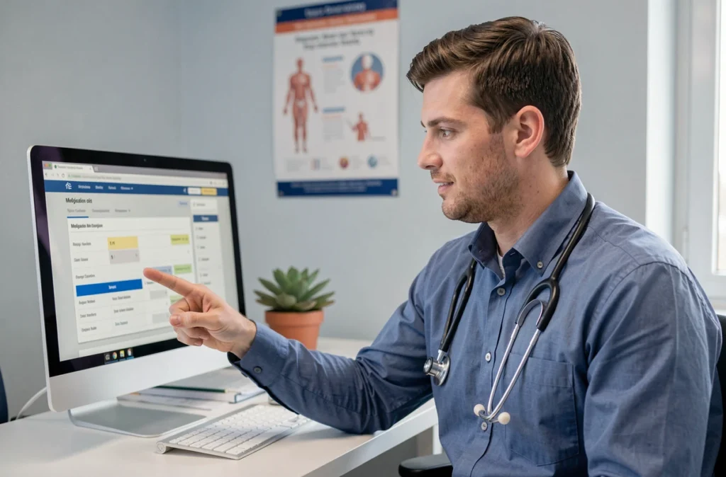 Médecin généraliste utilisant un outil numérique pour vérifier les interactions entre plusieurs médicaments prescrits