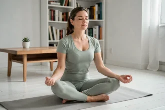 Femme pratiquant la méditation sur un tapis de yoga pour gérer son stress et favoriser la perte de poids