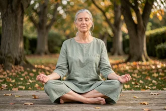 Femme retraitée pratiquant la méditation assise en plein air dans un jardin paisible pour gérer le stress