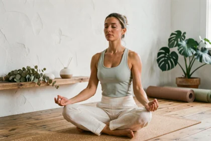 Femme en méditation dans un studio de yoga minimaliste avec diffuseur d'huiles essentielles et décoration naturelle
