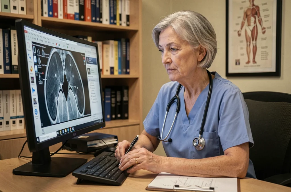 Oncologue analysant des photos médicales sur un écran pour évaluer un diagnostic de cancer de la langue