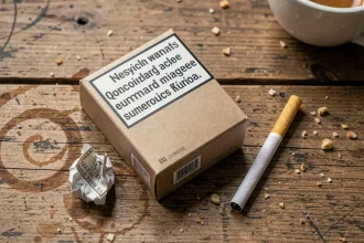 Paquet de cigarettes standardisé avec avertissement sanitaire sur une table de café en bois usé, illustration de la réglementation française sur le tabac en 2026